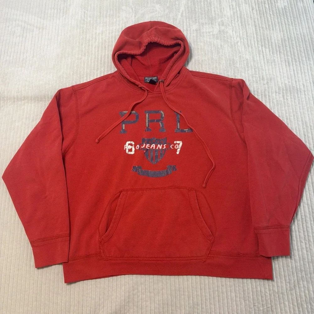 Ralph Lauren Polo Jeans Co Hoodie Mens 2XL Red Fleece PRL 67 Pullover Crest